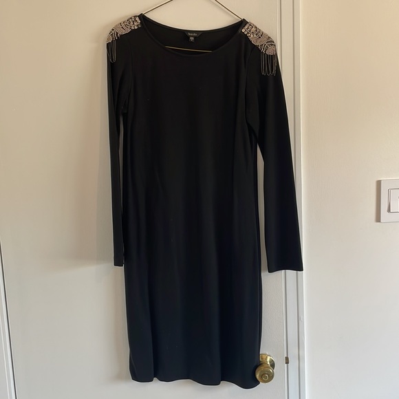 Teenflo dress black stretchy material with shoulder pads and metal detailing - Picture 5 of 7